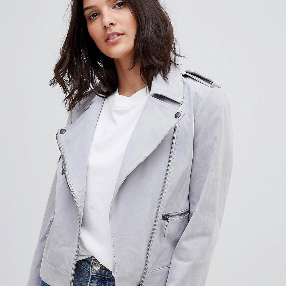 Gray/light purple faux suede biker jacket